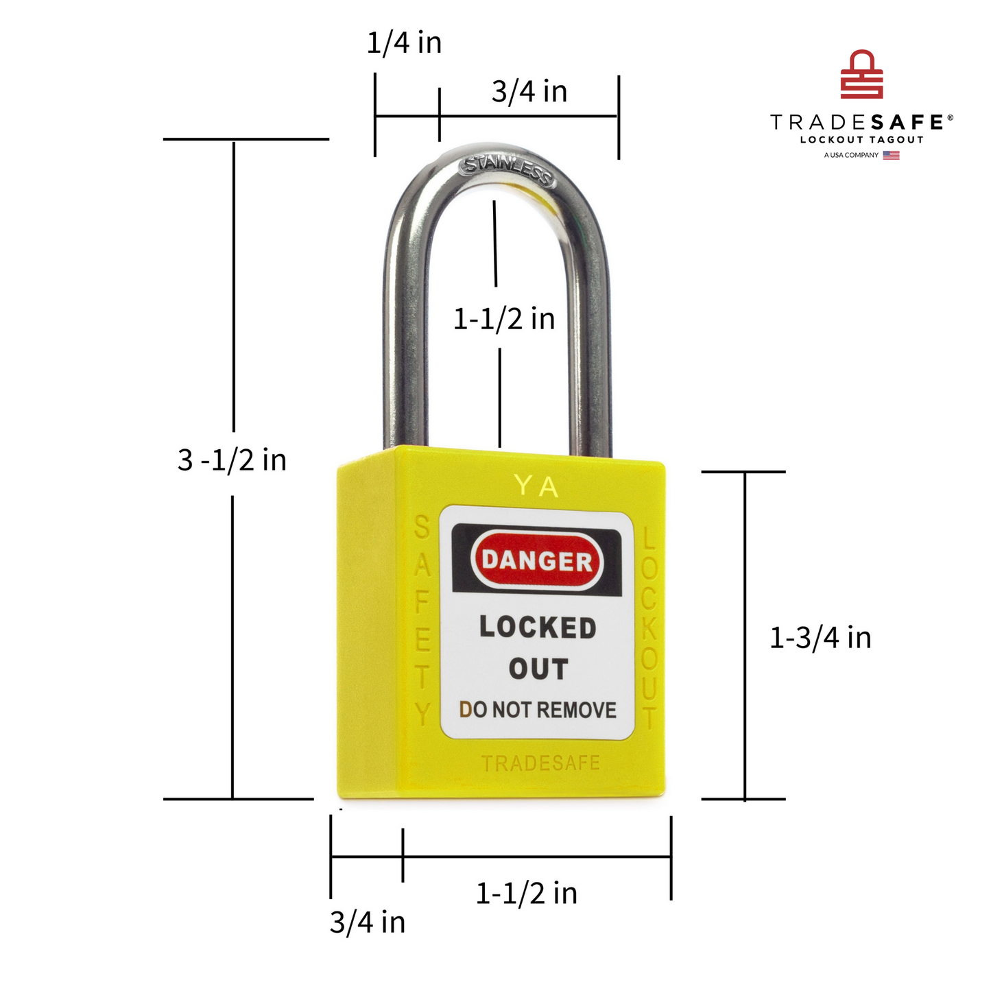 a yellow lockout tagout padlock with dimensions