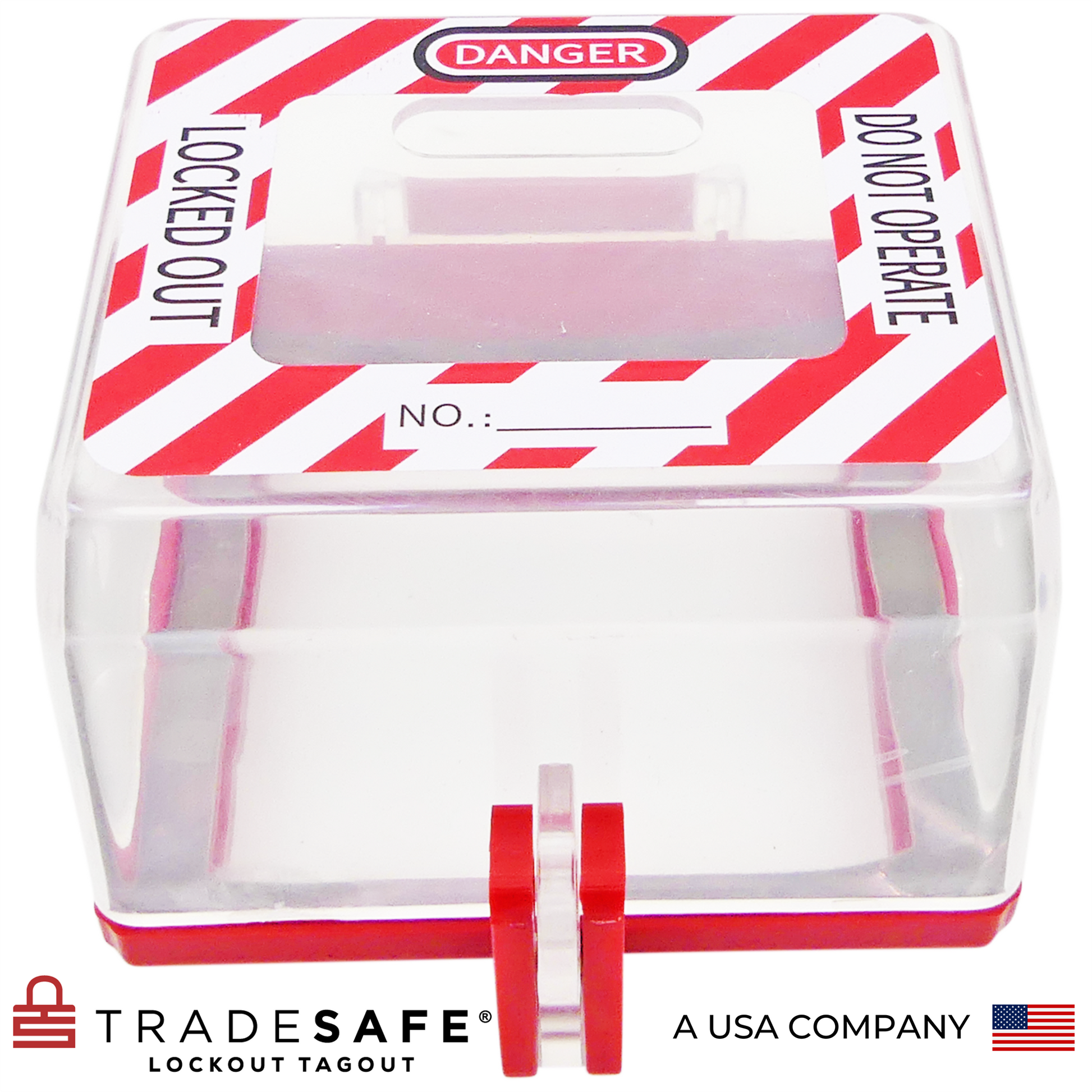 high-angle view of a closed boxed type push button lockout with transparent cover, red base, and square hole