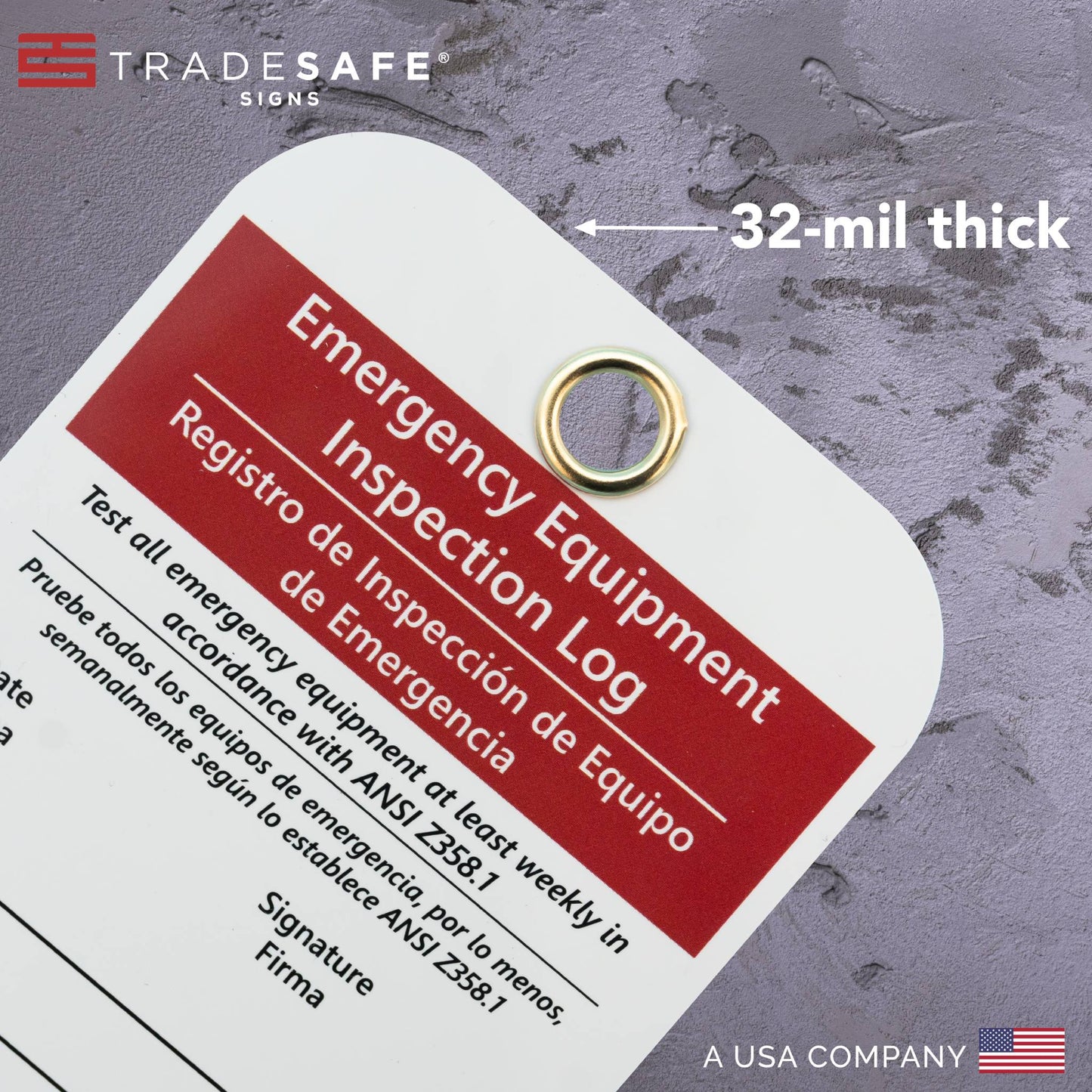 slanted view of emergency equipment inspection log showing 32-mil thickness