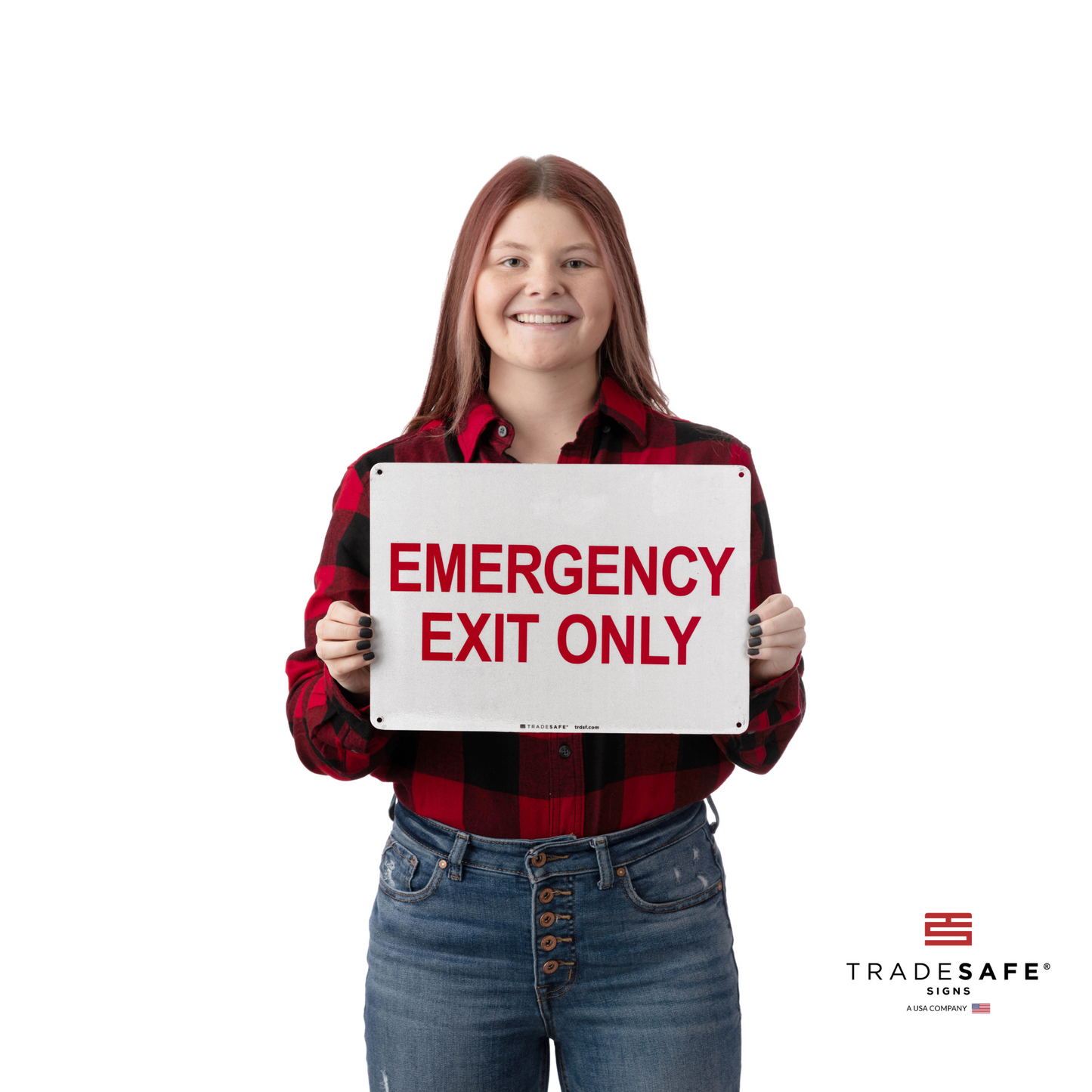 a person holding emergency exit only sign