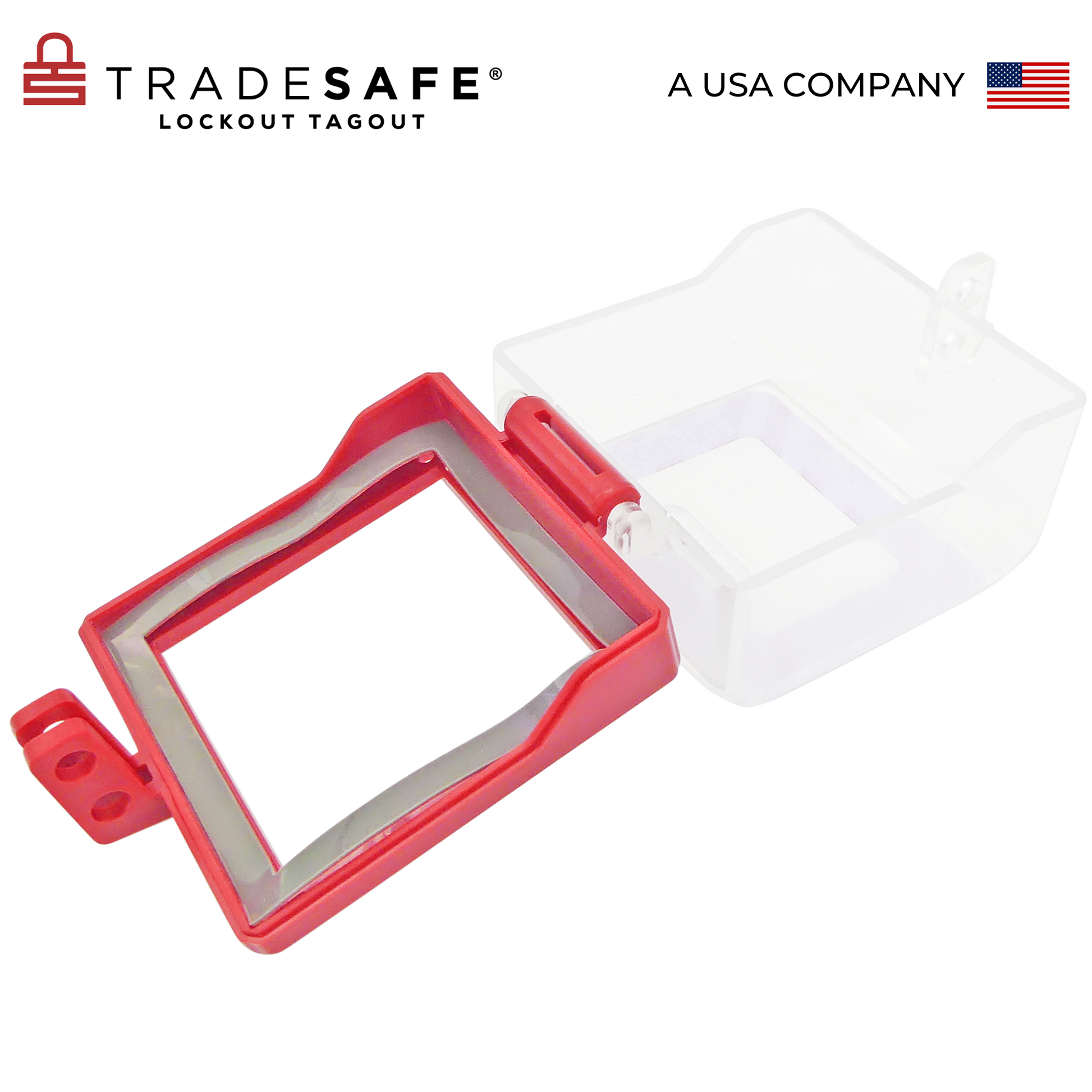 high-angle slanted view of an opened boxed type push button lockout with transparent cover, red base, and square hole