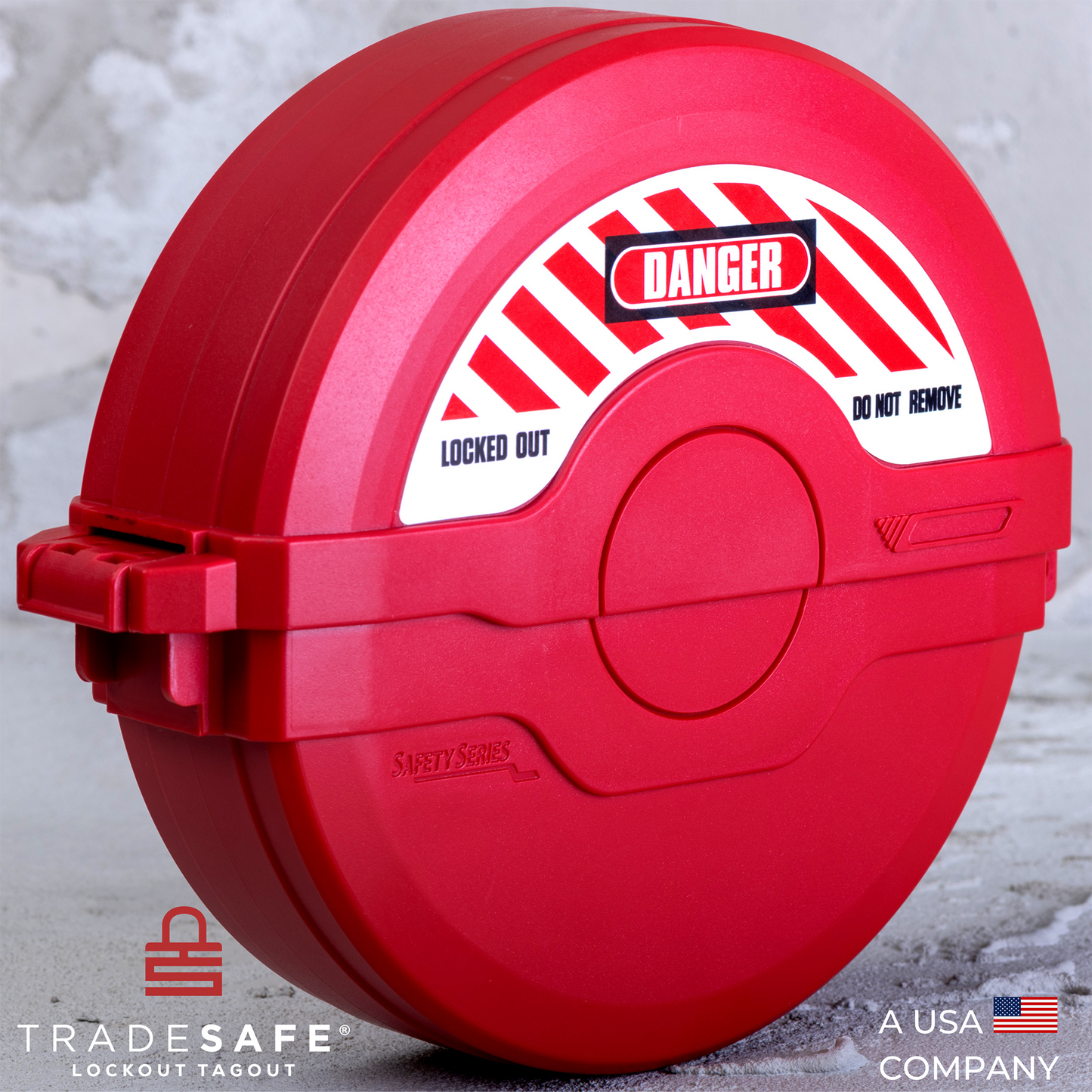 slanted view of a red gate valve lockout device