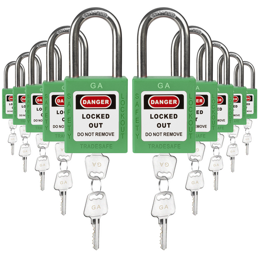 ten green loto padlocks, each with two keys and a GA letter code on both the lock body and the keys