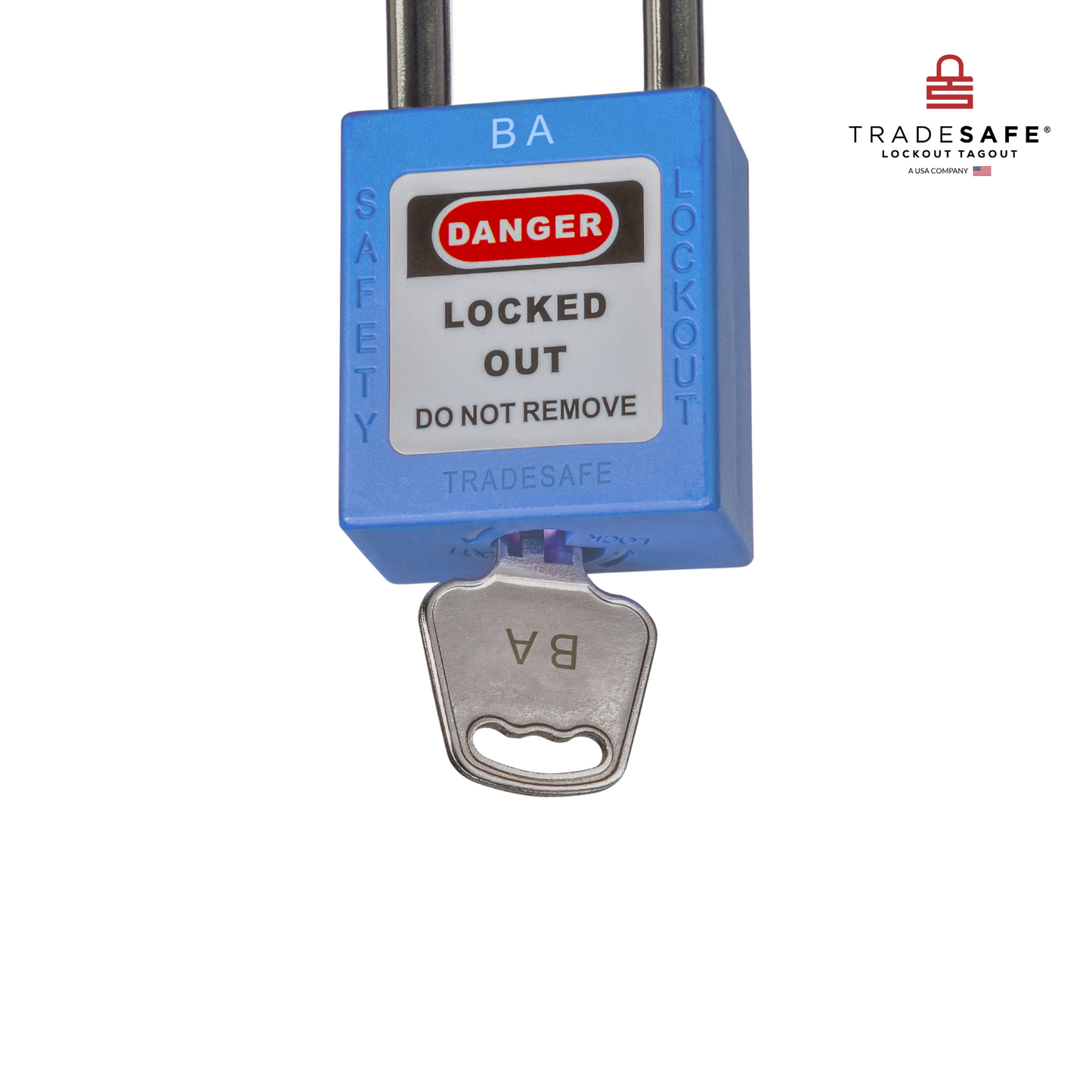 a close-up view of a blue loto padlock's body with a key inserted