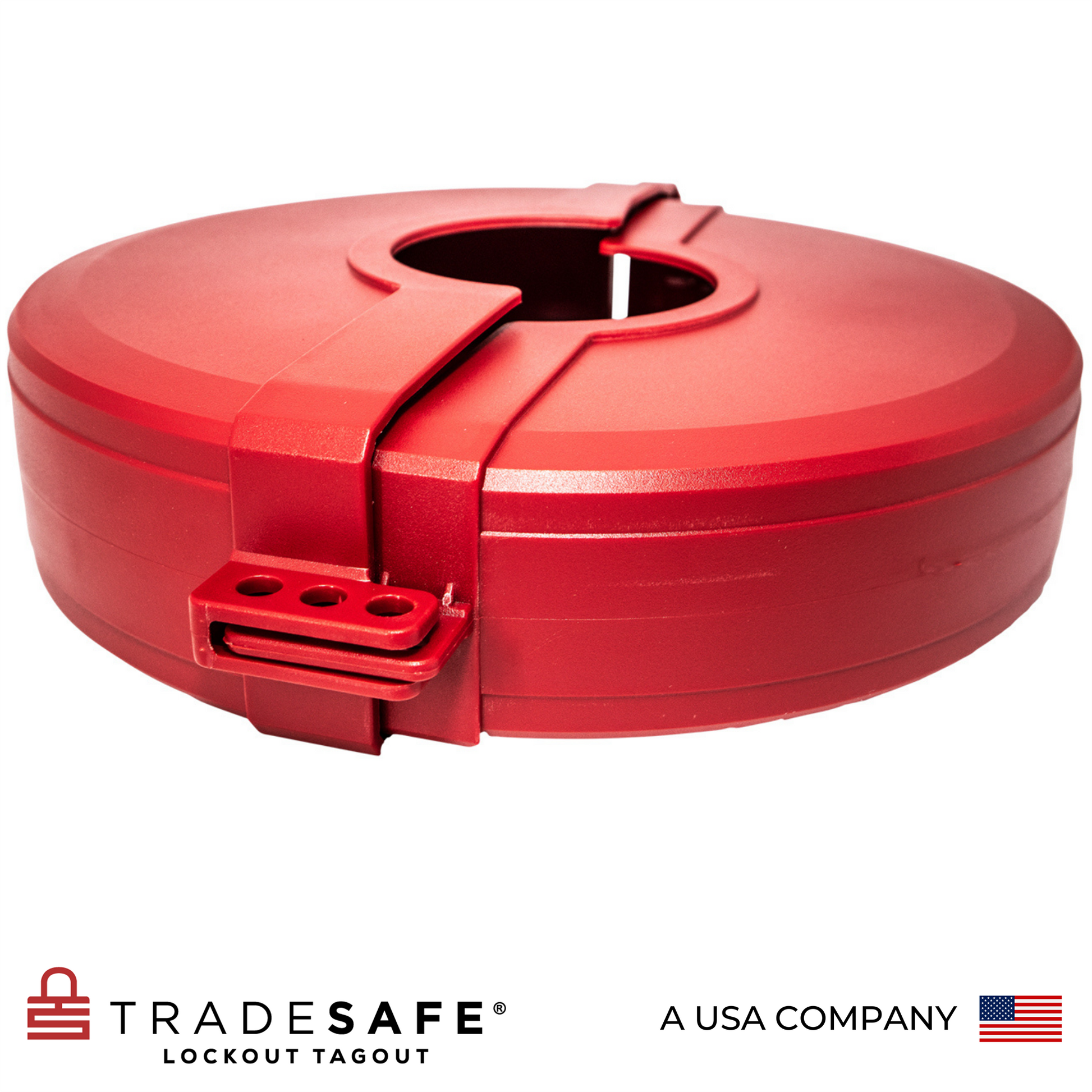 eye-level back view of a closed red gate valve lockout device