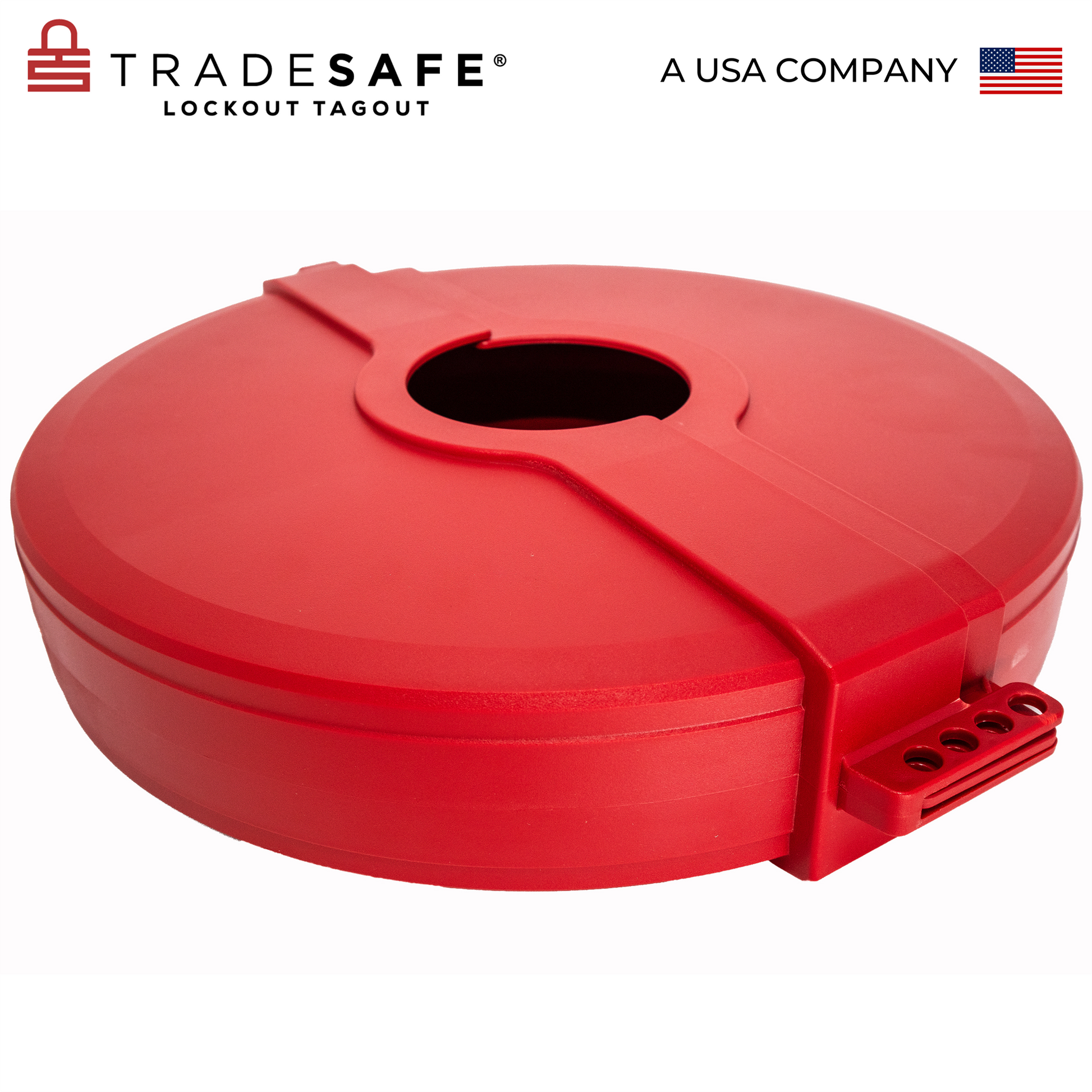 eye-level back view of a closed red gate valve lockout device