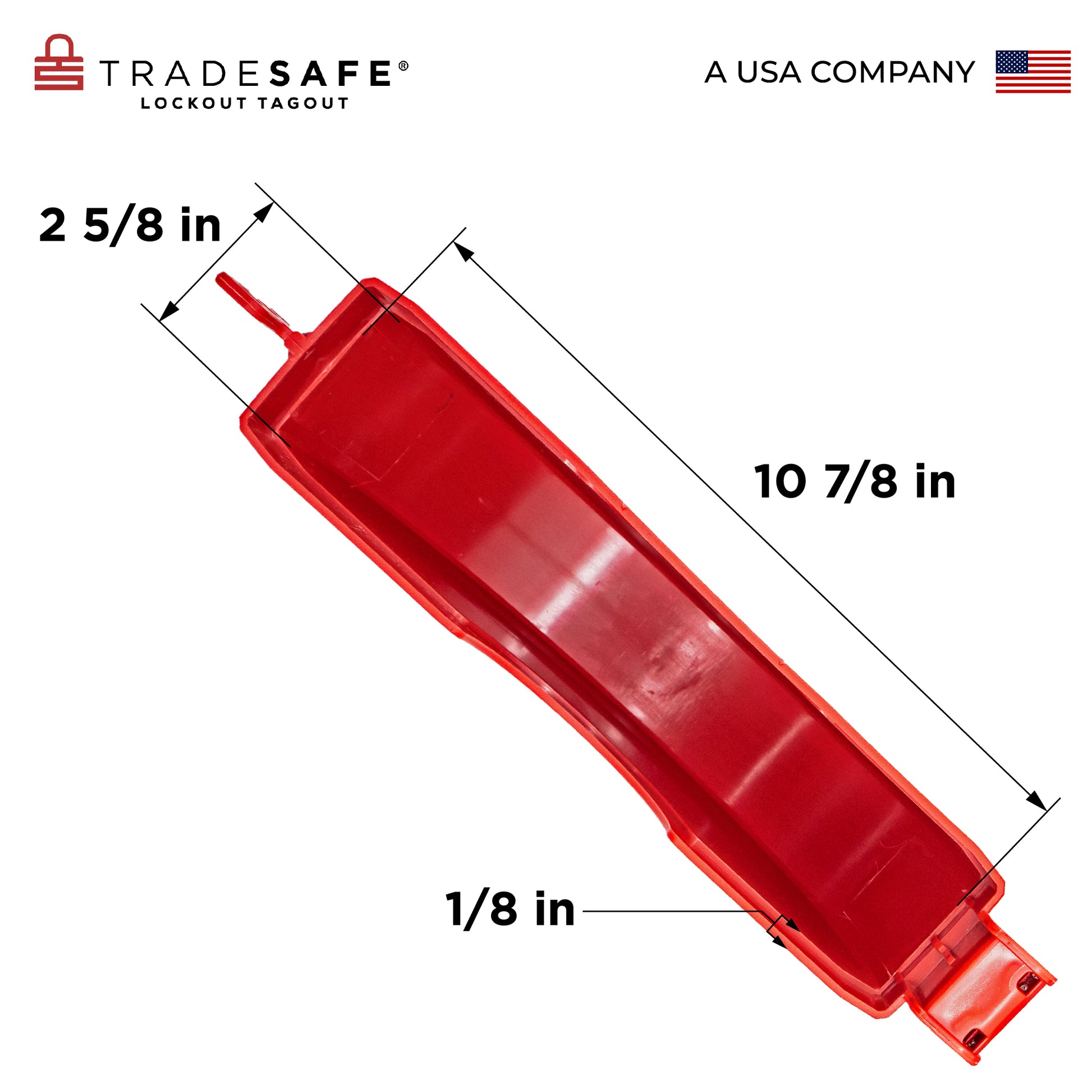 eye level view of the inside part of one side of an opened red gate valve lockout with dimensions