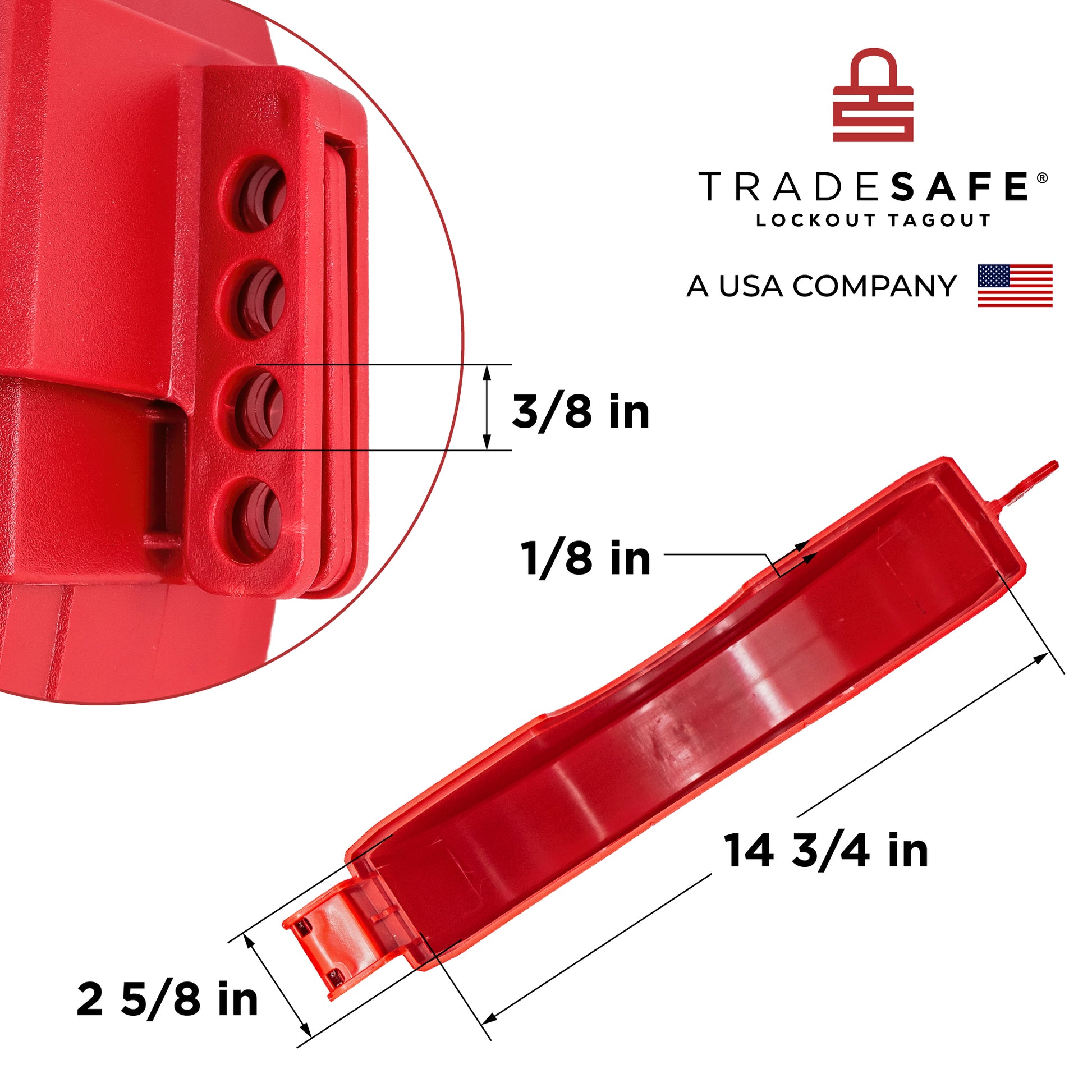 eye level view of the inside part of one side of an opened red gate valve lockout and the padlock hole with dimensions