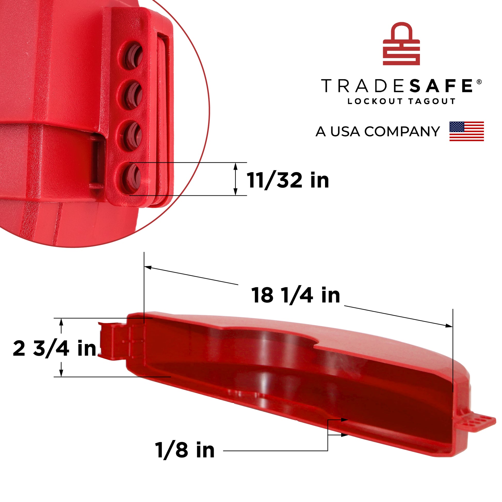 eye level view of the inside part of one side of an opened red gate valve lockout and the padlock hole with dimensions