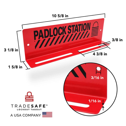 high-angle view of a red padlock station with dimensions