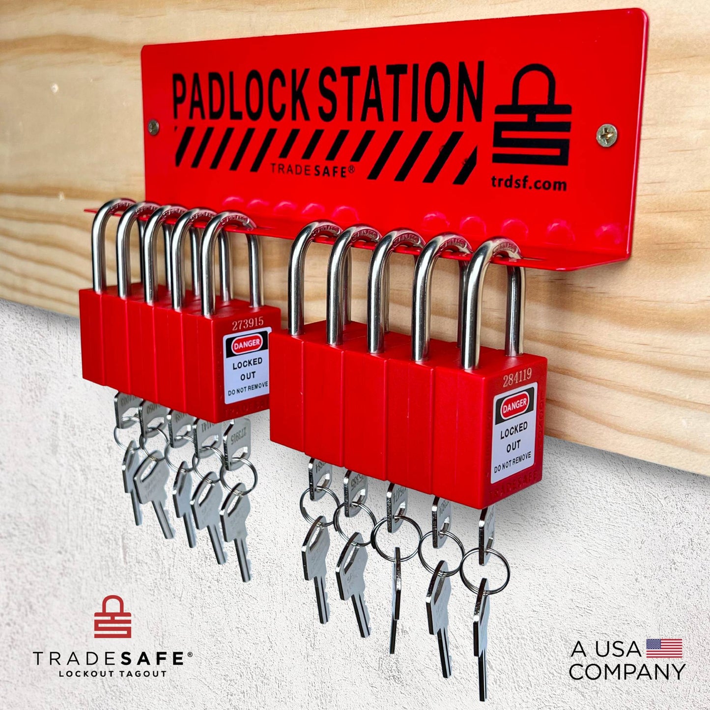 red padlock station attached to the wall with ten red padlocks and keys