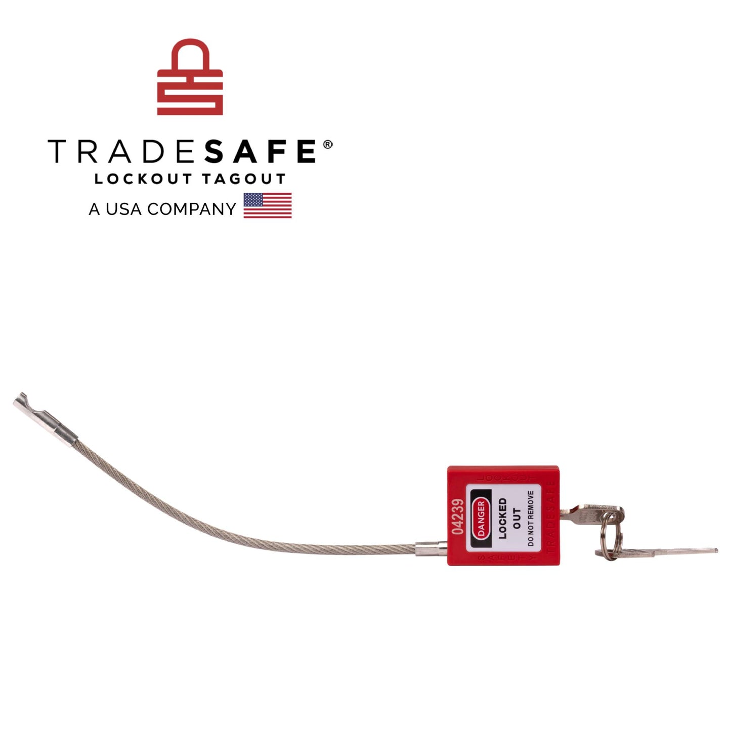 landscape view of an unlocked steel cable padlock with keys inserted in the keyhole
