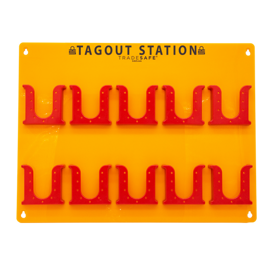eye-level view of an orange tag station with 10 red tag boxes