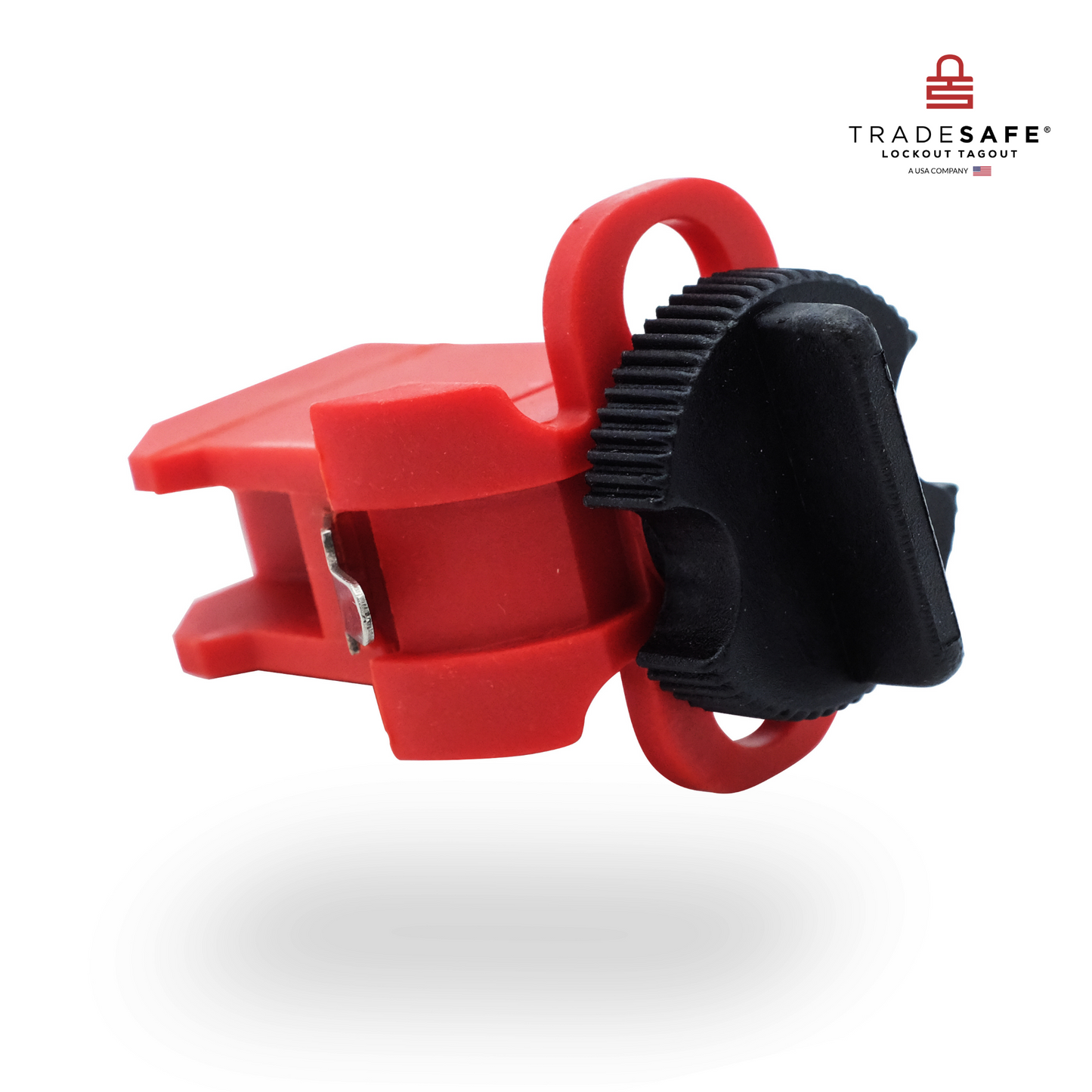 slanted view showing the lock part of a red tie bar miniature circuit breaker lockout