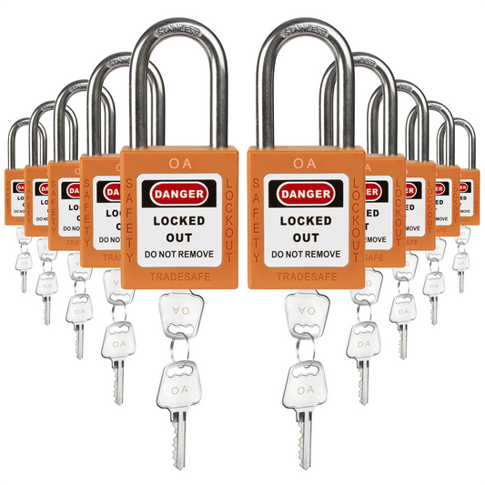ten orange loto padlocks, each with two keys and a OA letter code on both the lock body and the keys