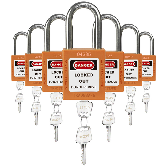 seven orange loto padlocks, each with two keys and a unique five-digit code engraved in both keys and padlock body