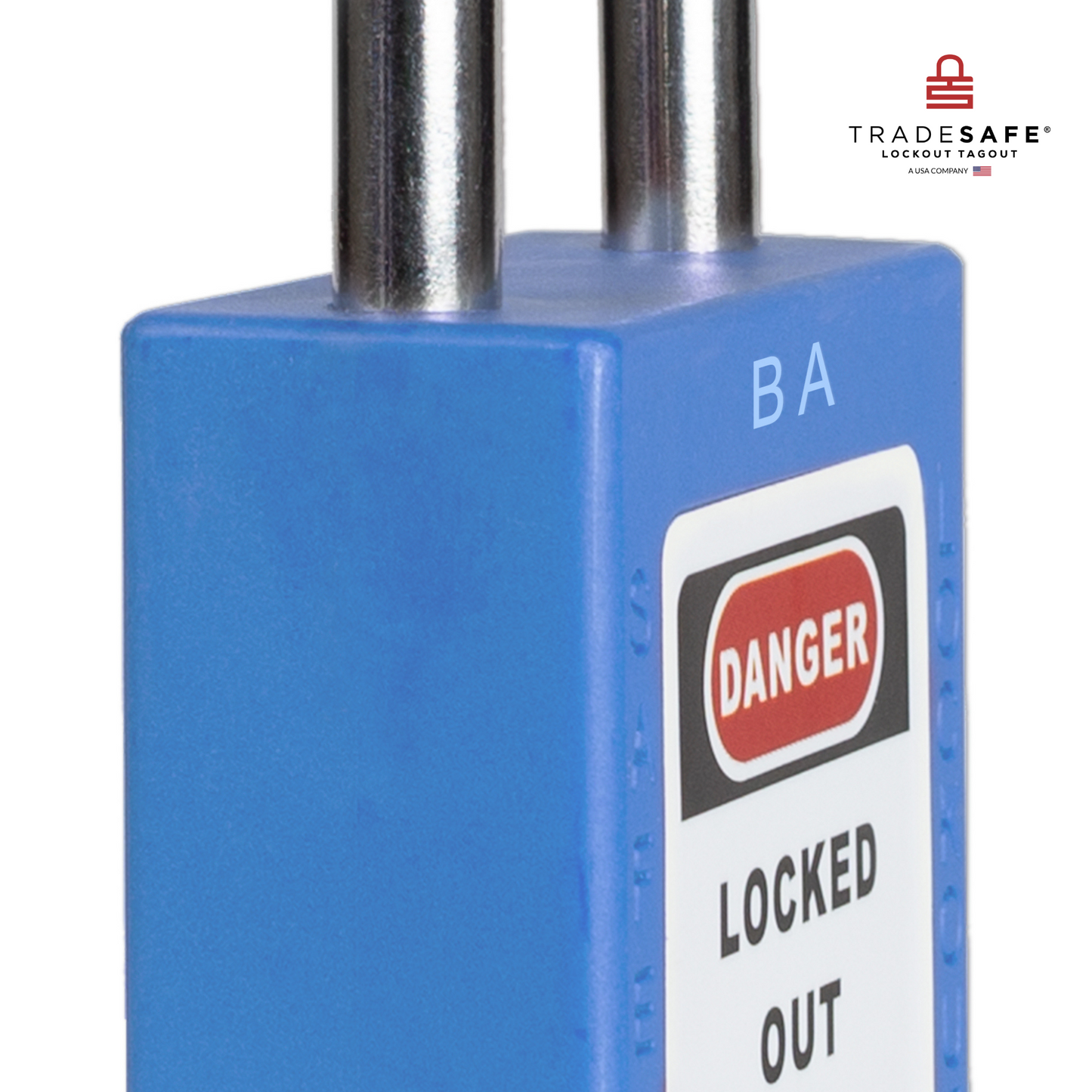 close-up slanted view of a blue loto padlock's body