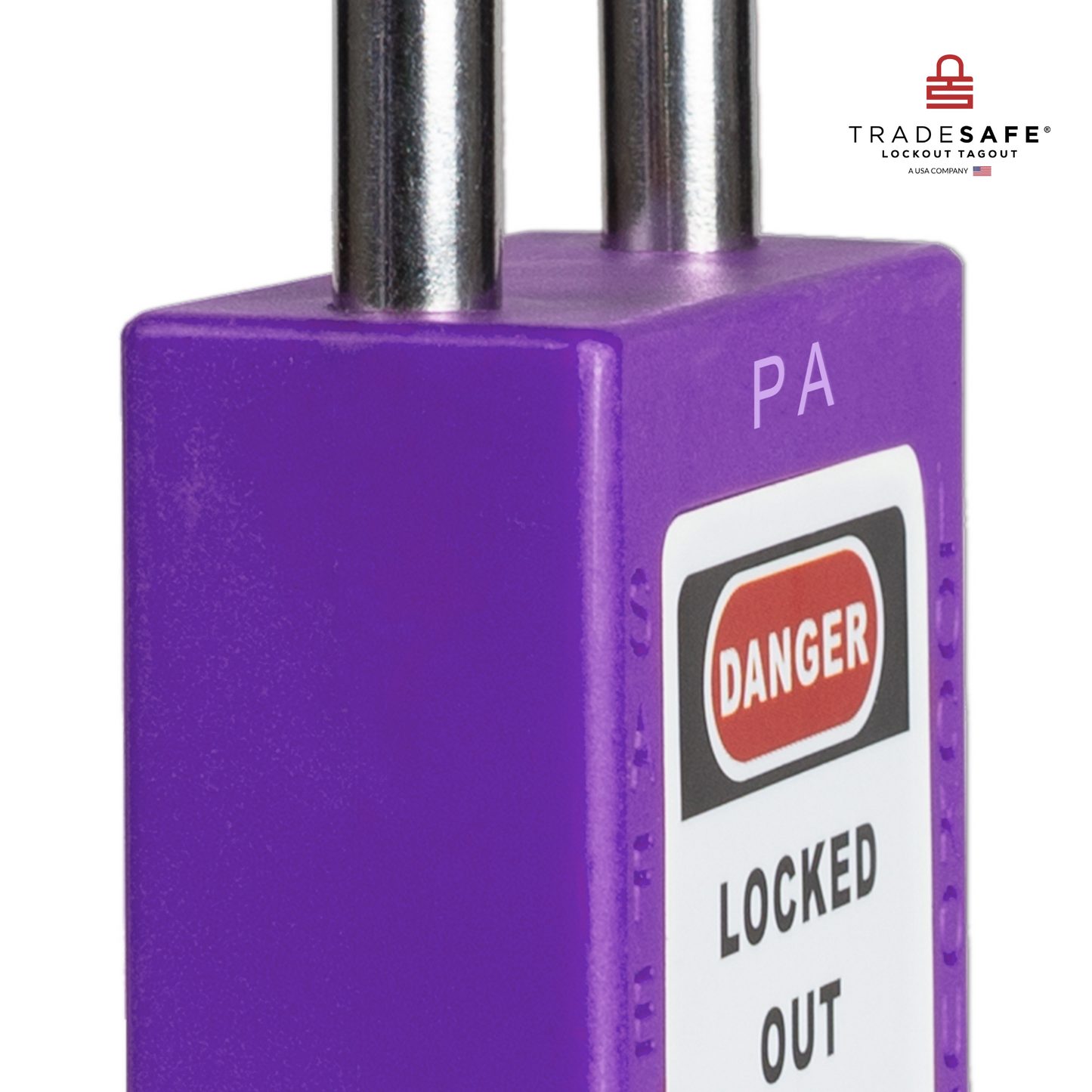 close-up slanted view of a purple loto padlock's body