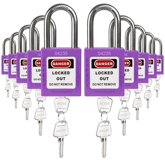 ten purple loto padlocks, each with two keys and a uniform five-number code on both the lock body and the keys 