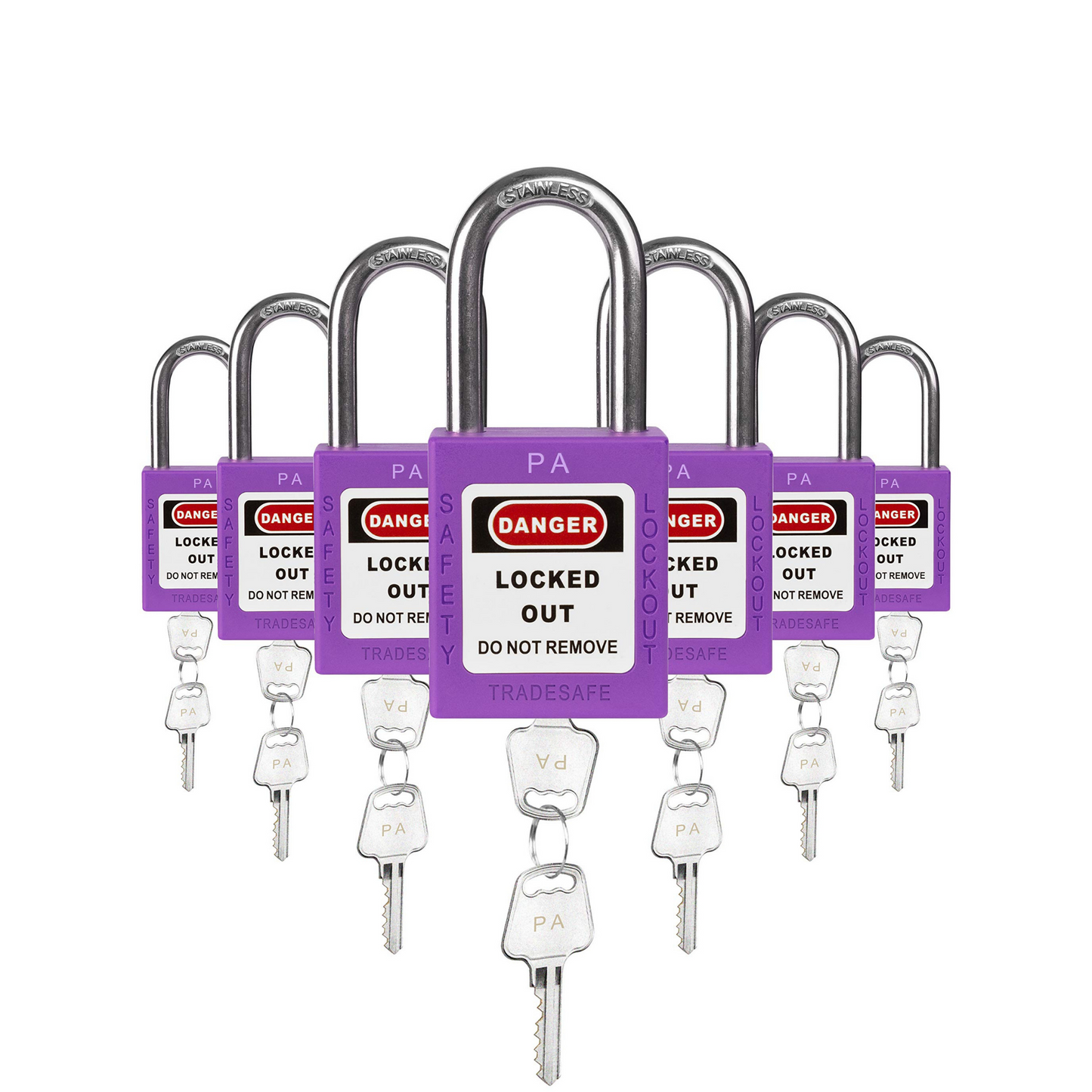 seven purple loto padlocks, each with two keys and a PA letter code on both the lock body and the keys