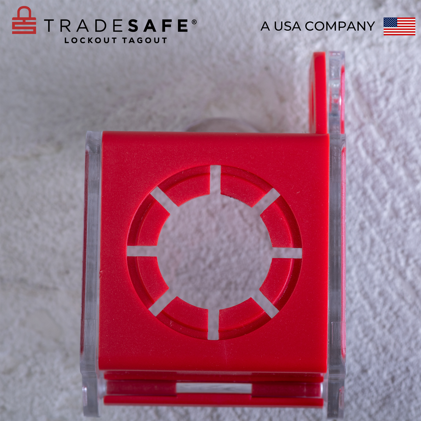 bird's eye view of the hole part of a closed box type push button lockout in a concrete background