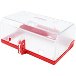 eye-level slanted view of a closed rectangular push button lockout with transparent cover, red base, and rectangular hole