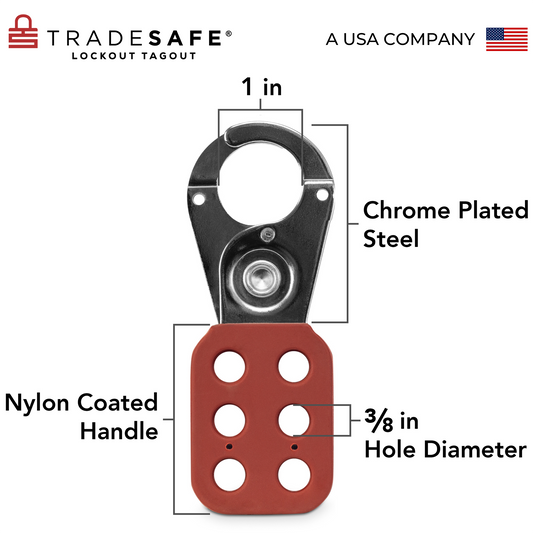 inforgraphic of loto hasp showing chrome-plated steel jaw with 1 inch hole diameter and handle with 3/8 inch hole diameter