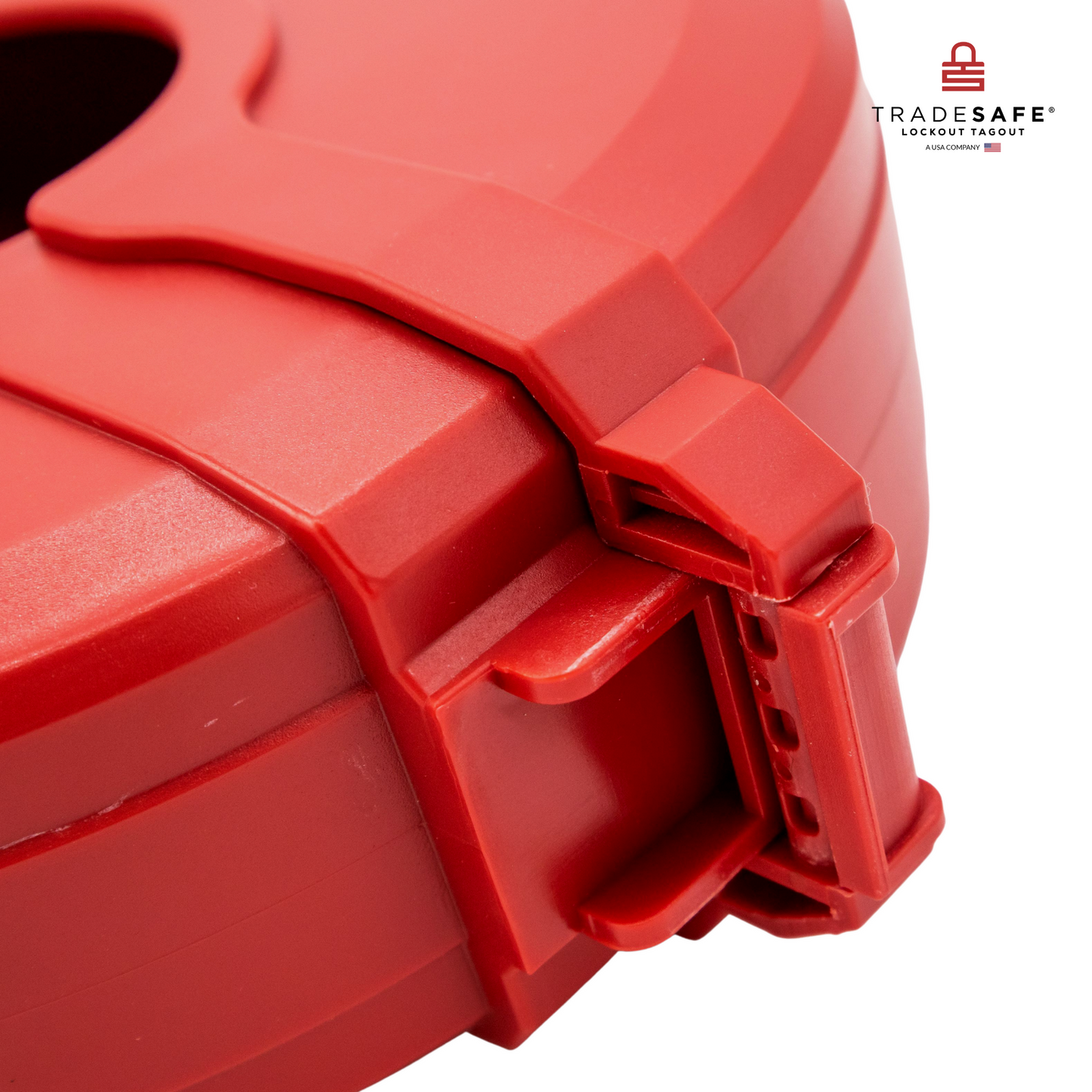 close-up view of the back part of the hinge in a closed red gate valve lockout