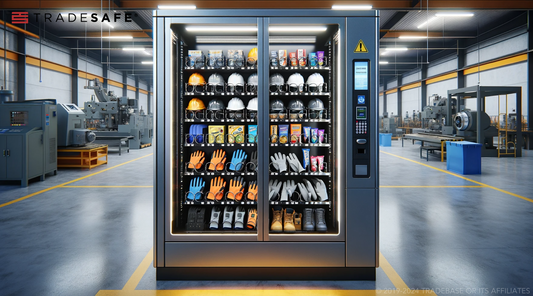 a fully-stocked PPE vending machine in an industrial setting