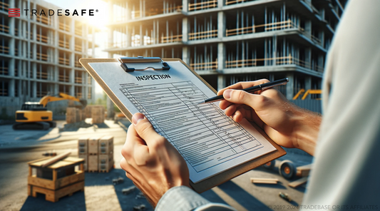 Hands holding an inspection checklist and a ballpen in a construction site