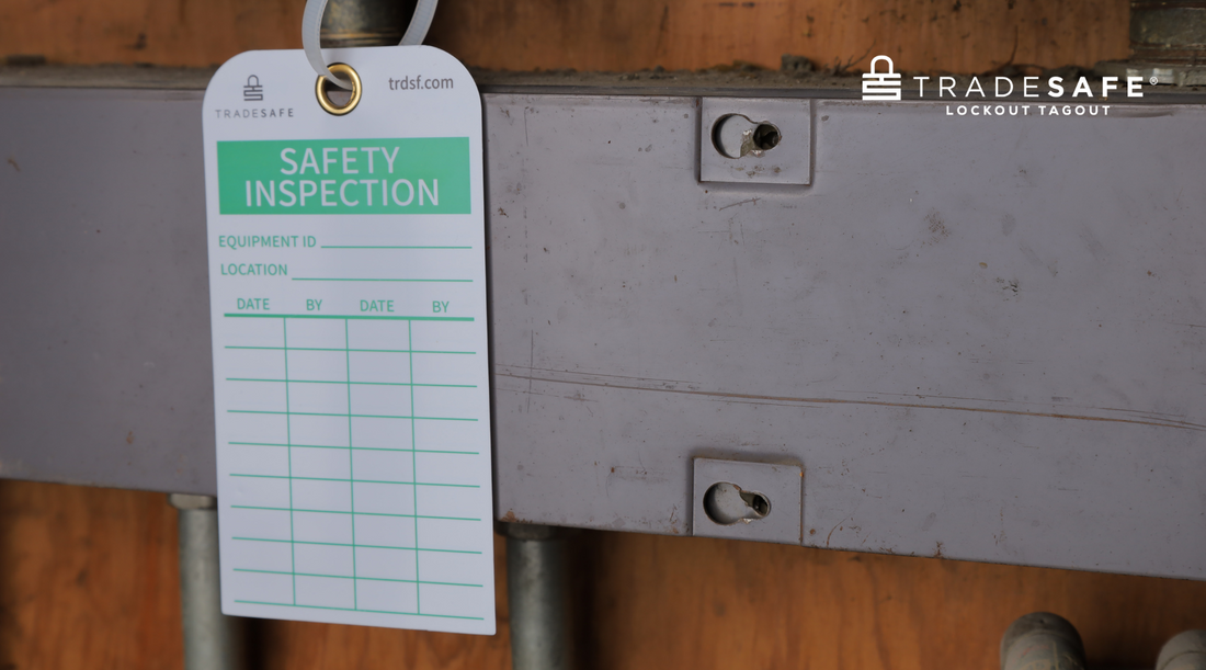 Safety inspection tag attached to a factory equipment