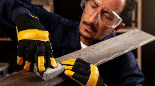 Worker wearing leather gloves