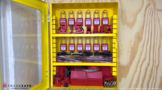 yellow lockout tagout cabinet with LOTO devices