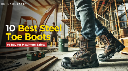 Construction worker wearing steel toe boots on an active job site