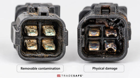 Close-up comparison of an electrical connector with surface contamination and a connector showing damaged metal contacts.