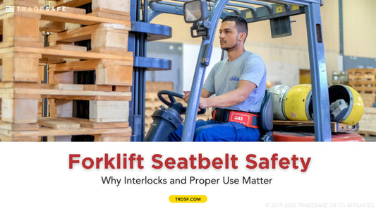 forklift operator wearing a seat belt while moving wooden pallets