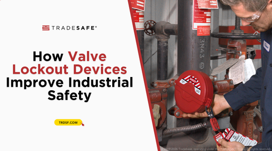 Valve lockout device installed on industrial piping system during lockout tagout maintenance procedure to improve workplace safety and hazardous energy control.