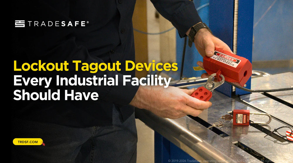 Lockout tagout devices used in an industrial facility, including plug lockout devices, lockout hasps, and safety padlocks for hazardous energy control and equipment isolation during maintenance.