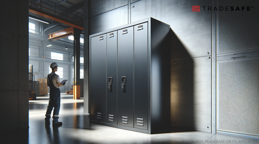 man standing in front of a metal storage cabinet