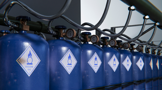 a row of blue oxidizing gas containers