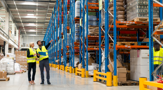 workers pointing at pallet racks