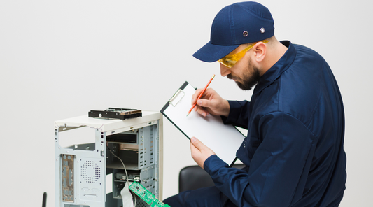 Worker checking disassembled computer part