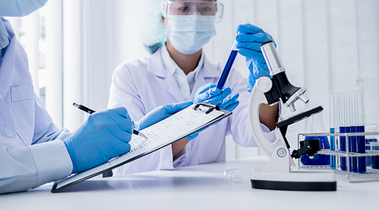 Two scientists examining oxalic acid inside a laboratory