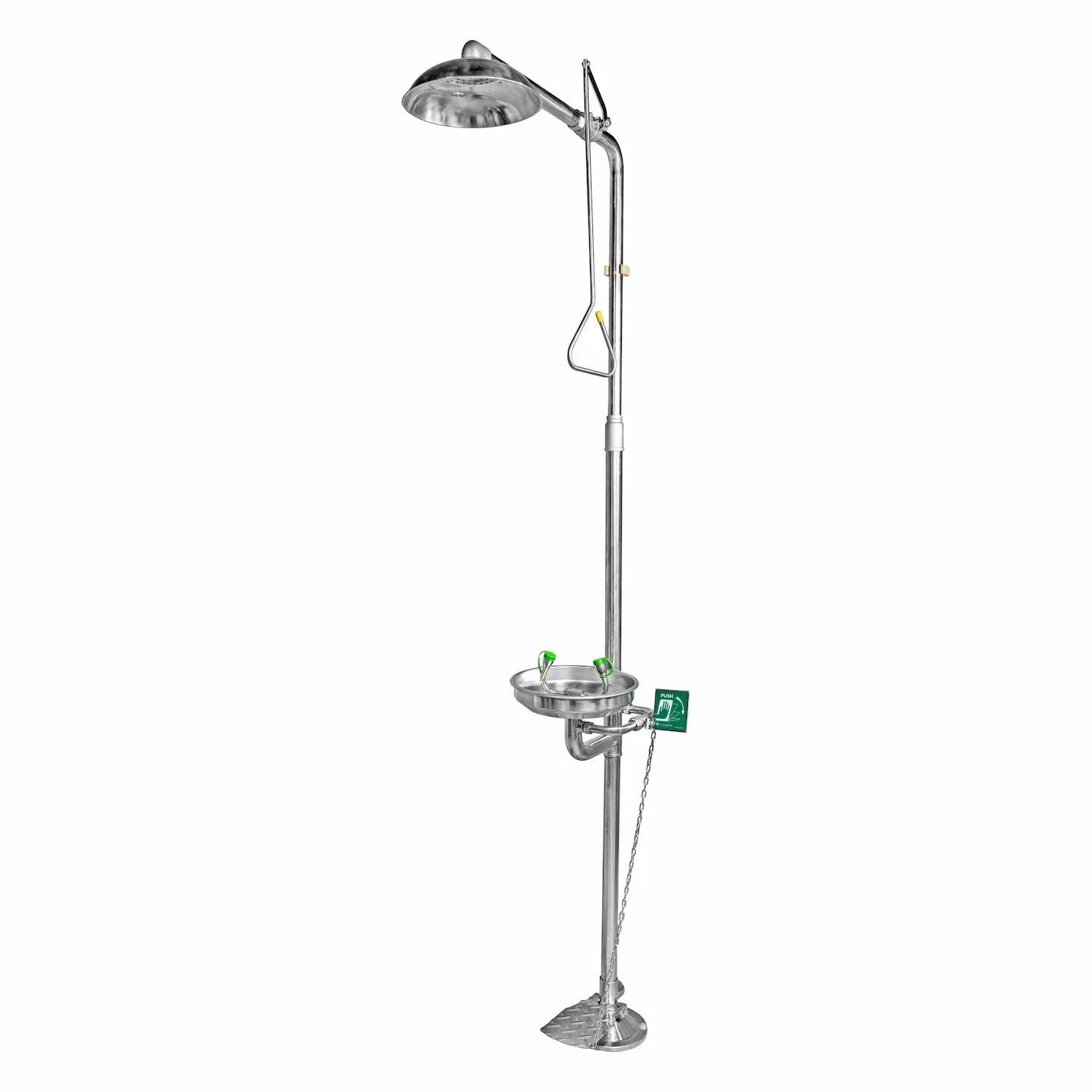 combination emergency shower and eyewash station with stainless steel construction for full-body and eye decontamination in industrial workplaces
