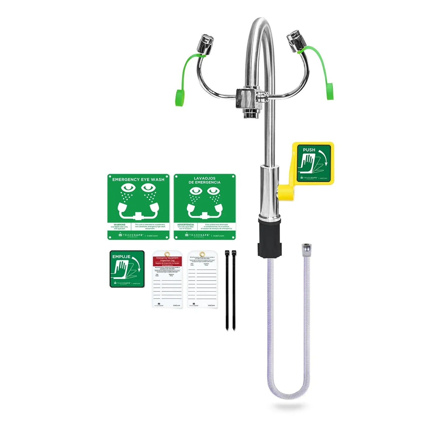 faucet mount eyewash station with control valve assembly, dual spray heads, safety signage kit, and flexible hose for emergency eye rinsing