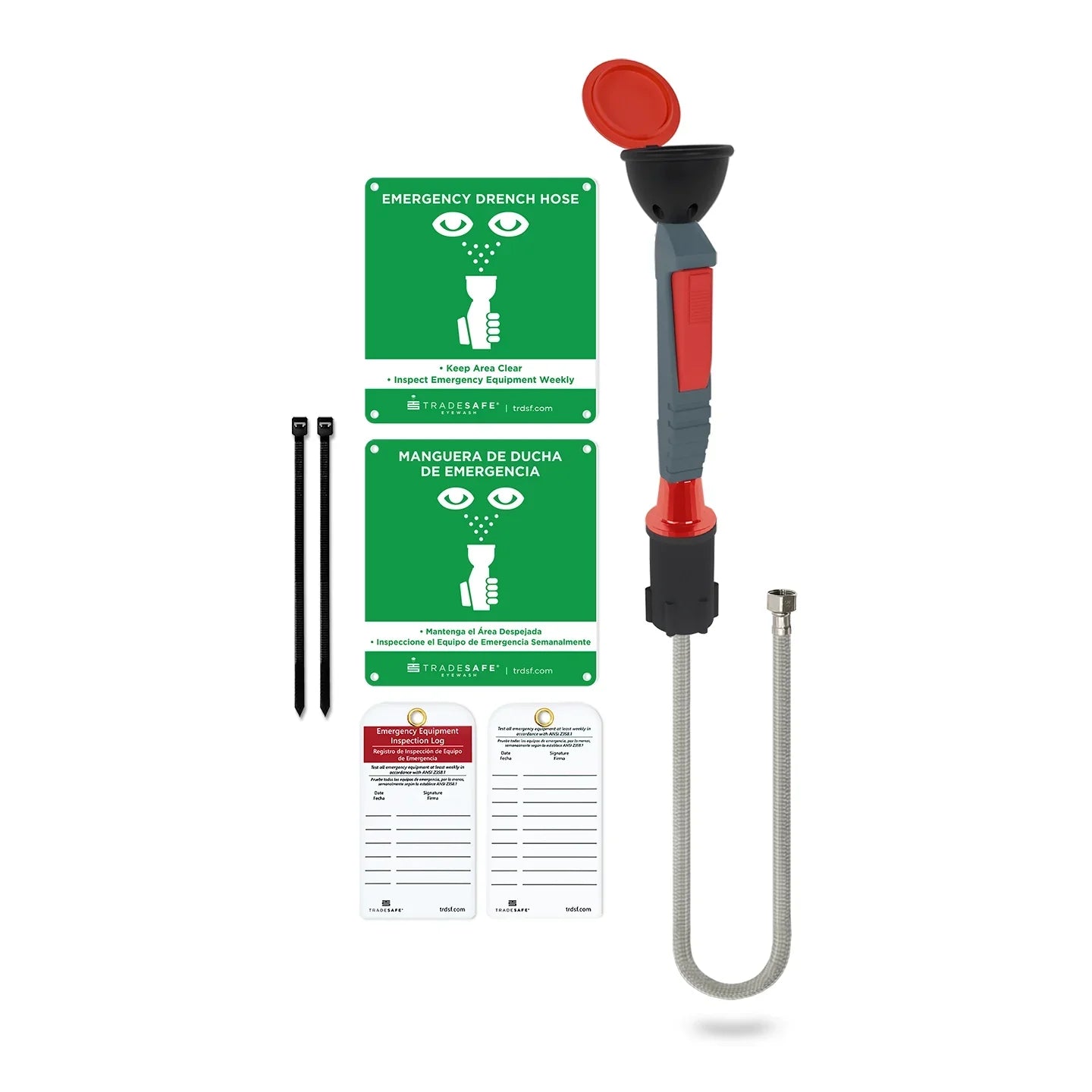 single head drench hose eyewash station with handheld nozzle, flexible hose, and emergency safety signage kit for industrial eye and face rinsing