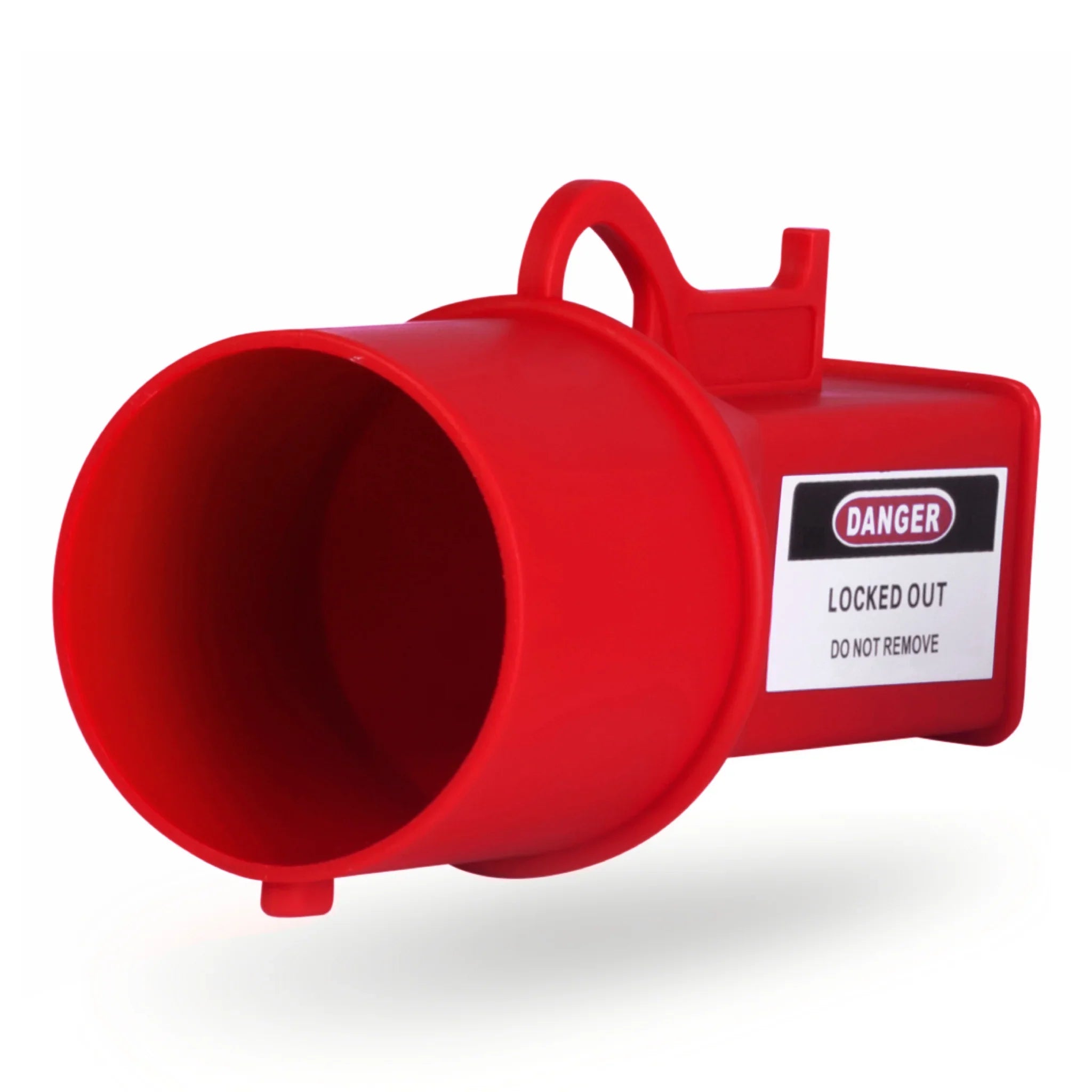 Socket lockout device for industrial electrical plugs, red pin and sleeve socket lockout cover with “Danger Locked Out Do Not Remove” label for LOTO safety compliance