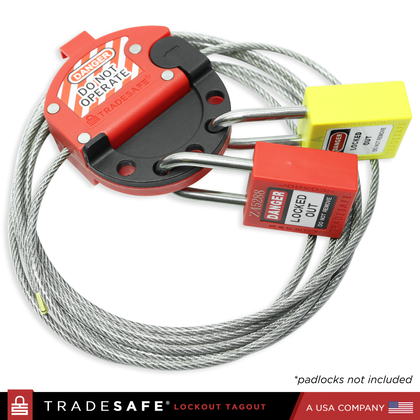 10ft adjustable cable lockout securely fastened with 2 LOTO locks