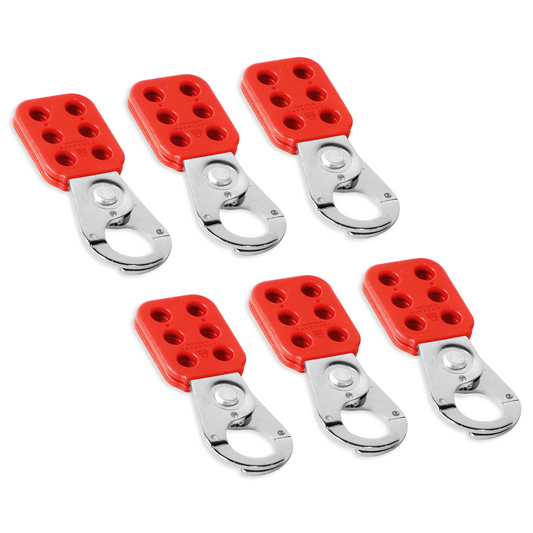 six lockout tagout hasps, each with a chrome-plated steel jaw and six holes in the red handle