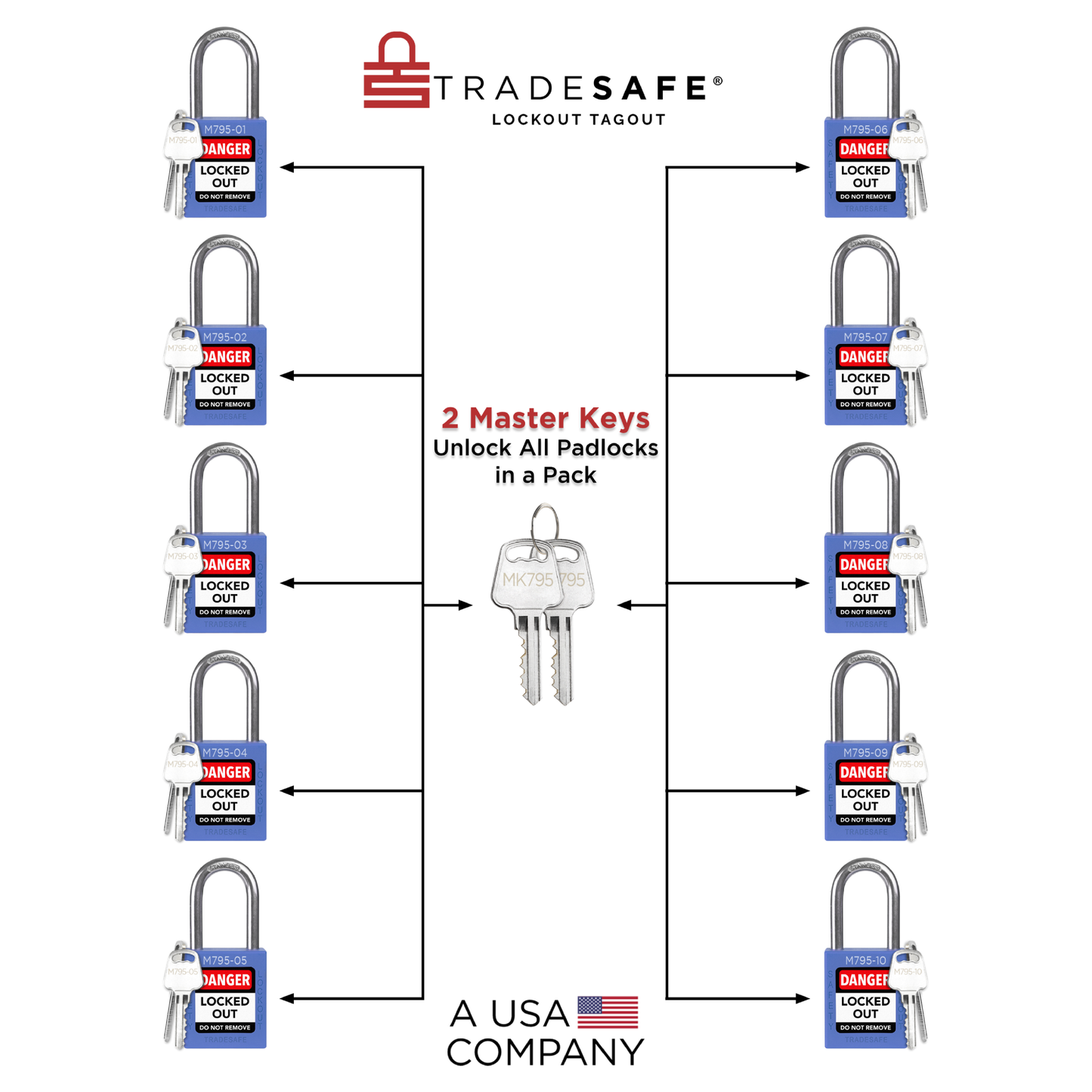 illustration of 10-pack blue loto keyed different padlock with text 2 master keys unlock all padlocks in a pack